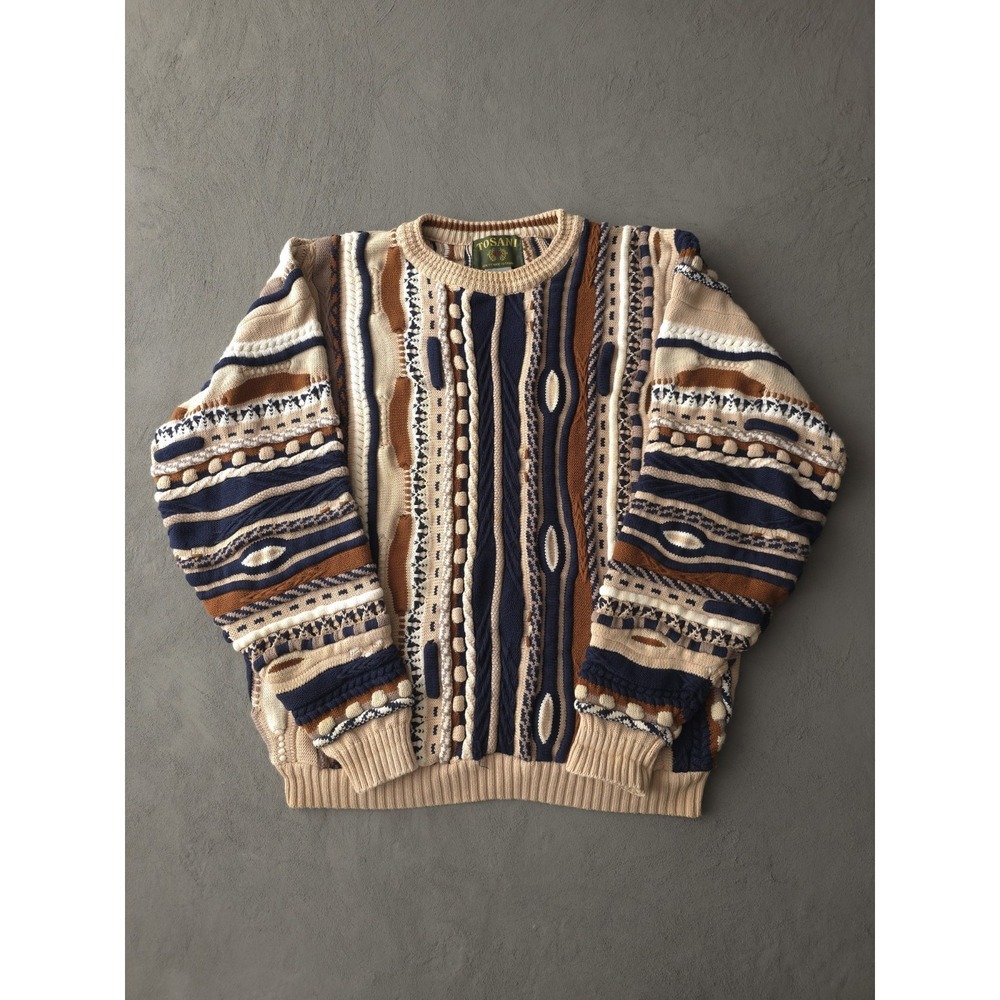 Vintage 90s Tosani Canada COOGI Style 3D Crazy Knit Crewneck Sweater Cotton L